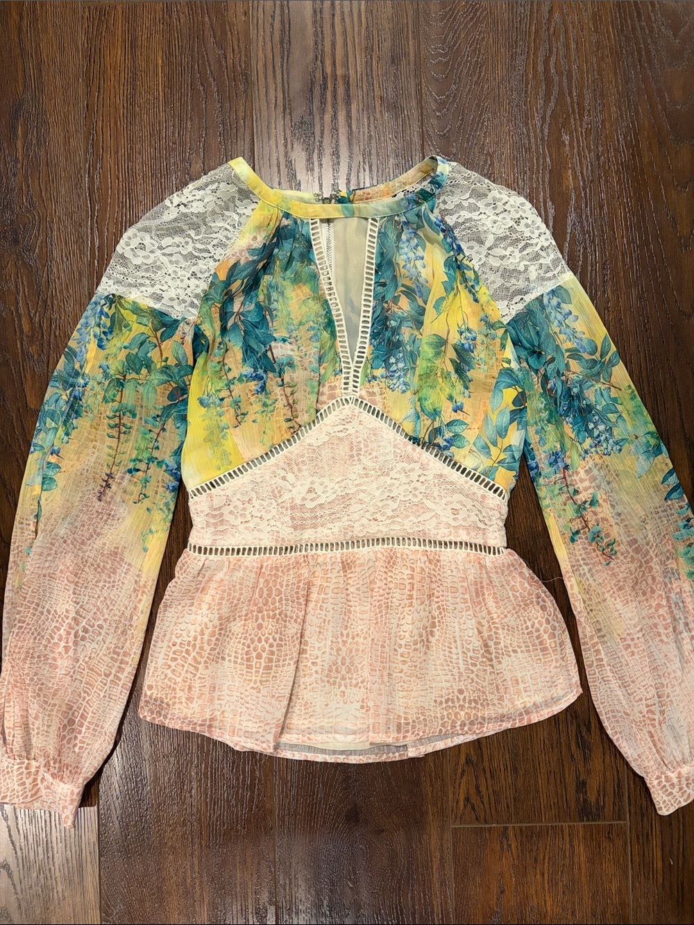 EUC bebe Floral Lace Peplum Blouse in Yellow, Teal & Pink